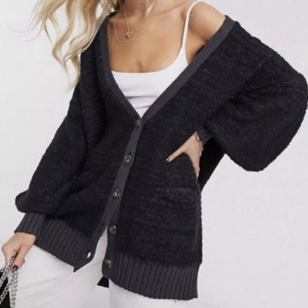 Free People Snow Drop Charcoal Gray Cardigan Sweater - Picture 2 of 7